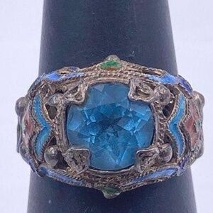 Stunning Vintage Sterling Silver/Enamel/ Blue Topaz Ring. Size 5